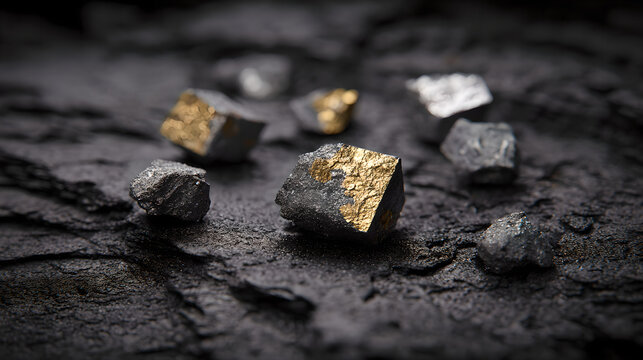 Raw molybdenum ore crystals on black shale with metallic reflections,showcasing strategic mineral resources and clean energy materials for industrial use.