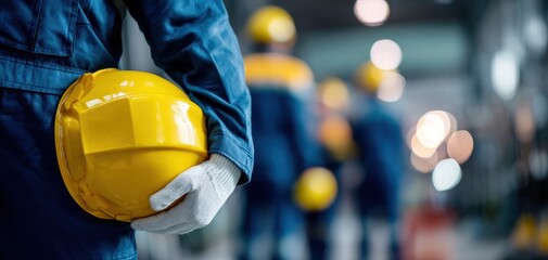 The worker holding a yellow hard hat in a busy industrial environment.