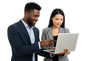Two diverse business professionals collaborating on a laptop isolated on transparent background