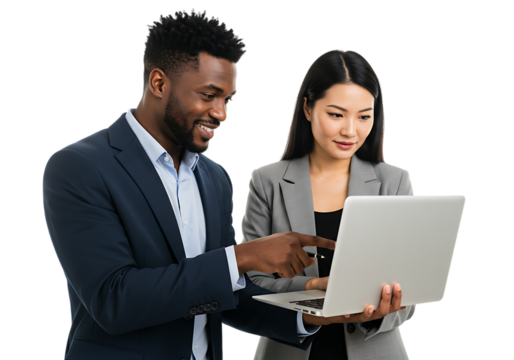 Two diverse business professionals collaborating on a laptop isolated on transparent background
