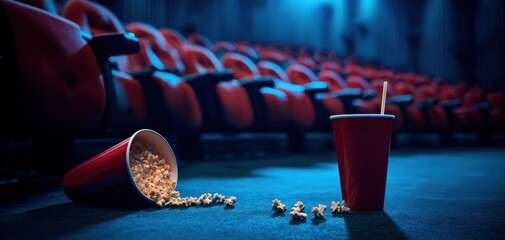 The spilled popcorn and drink in an empty cinema hall setting