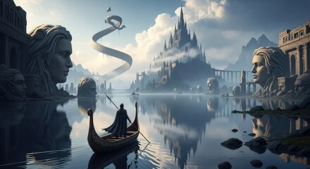 Epic Fantasy Landscape With Colossal Statues And A Dragon
