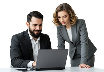 Two business professionals collaborating on a laptop at a desk isolated on transparent background