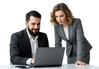 Two business professionals collaborating on a laptop at a desk isolated on transparent background