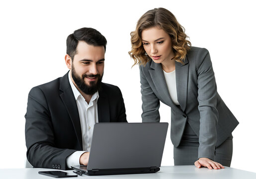 Two business professionals collaborating on a laptop at a desk isolated on transparent background - Powered by Adobe