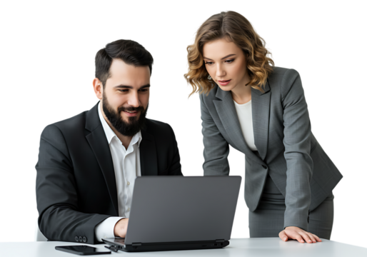 Two business professionals collaborating on a laptop at a desk isolated on transparent background