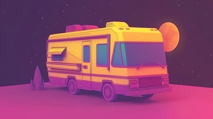 Retro RV in a Neon Landscape with Moon and Stars