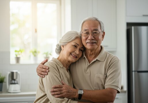 x-default Happy senior Asian couple embracing in kitchen - Powered by Adobe