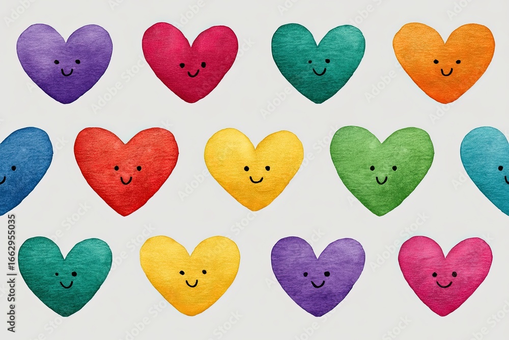 Poster a joyous array of whimsical hearts in diverse colors with cheerful smiles expressing universal love 