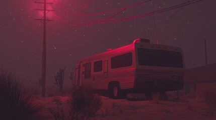 Mysterious RV Under Red Lights in Desert Landscape at Nighttime