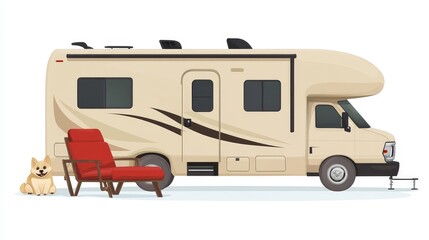 Cozy Campervan with Lounge Chair and Friendly Dog on Grass