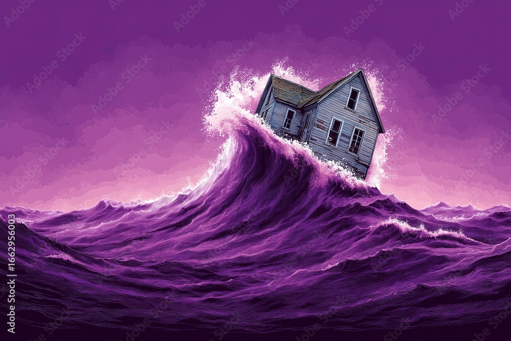 Poster amidst the storm a house rises on the crest of majestic purple waves capturing the struggle between 