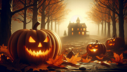 Spooky Halloween pumpkin with haunted house in autumn forest