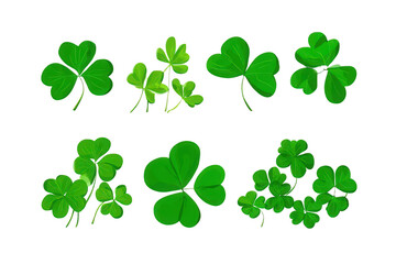 Fototapeta premium Collection of Bright Green Shamrock Leaves Isolated on Black Background Design