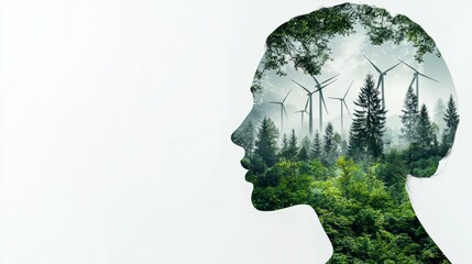 Double Exposure Portrait Woman Forest Wind Turbines Green Energy