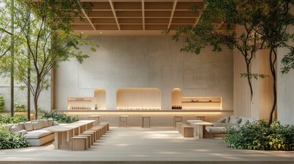 Modern cafe interior with greenery, calm atmosphere, ideal for relaxation, stock photo