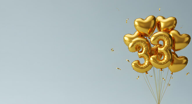 Festive golden thirty-three balloons with heart shapes floating against a clear background celebrating special