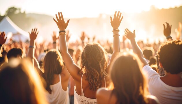 Crowd at a summer music festival raising hands in the sun - Powered by Adobe