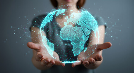 Woman displaying a digital earth globe representing global connectivity and innovation, illuminating the concept of