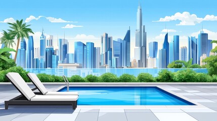 Relaxing Poolside View Overlooking Modern City Skyline Landscape
