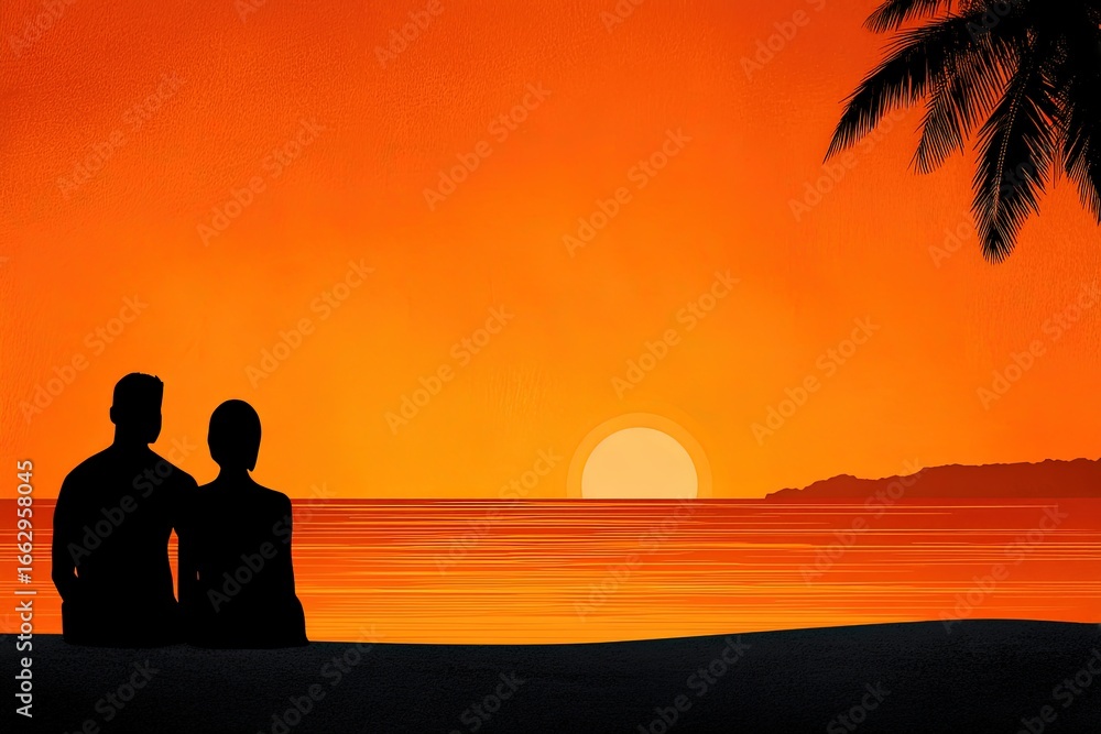 Poster silhouetted couple enjoying a serene sunset on a tranquil beach surrounded by palm trees creating a 