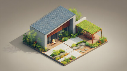An isometric 3D visual of a modern square-plot property with a contemporary two-story house. The dramatic sloped roof is covered in layered gray tiles and dotted with sleek solar panels. Surrounding