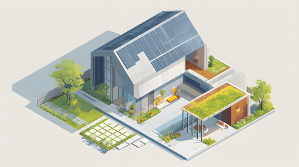 A vivid isometric 3D architectural rendering depicting a modern house with sharp lines and a two-level structure. The roof is steep and elegant, tiled in gray with solar panels arranged