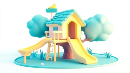 Colorful 3D Tree House with Slide and Playful Features for Kids
