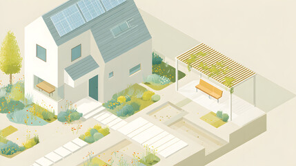 A clean and architectural isometric view of a two-story home on a landscaped square lot. The roof slopes steeply, finished with neat gray tiling and a full section of solar panels glistening in the