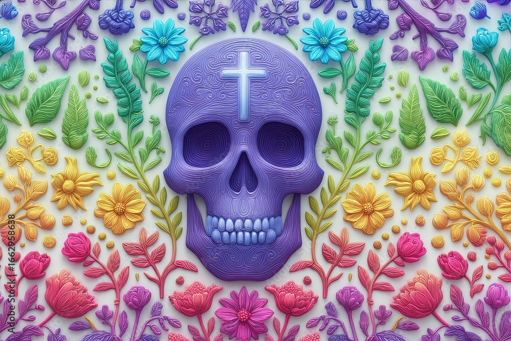 Aufkleber intricate design of a colorful decorative skull surrounded by an array of vibrant botanical elements