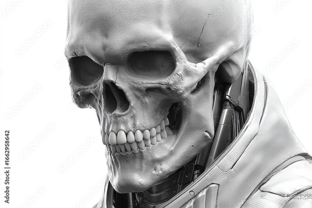 Poster highly detailed humanoid skull merging organic structure with synthetic features highlighting the in
