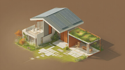 A modern residential isometric 3D view featuring a two-level home with clean lines, a striking sloped roof tiled in gray, and gleaming solar panels across the upper surface. Surrounding the house is