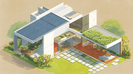 A modern residential isometric 3D view featuring a two-level home with clean lines, a striking sloped roof tiled in gray, and gleaming solar panels across the upper surface. Surrounding the house is
