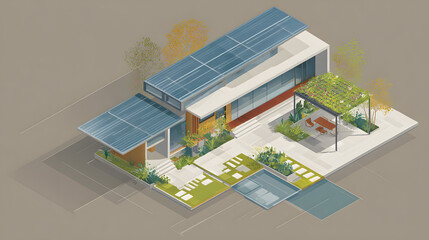 A modern residential isometric 3D view featuring a two-level home with clean lines, a striking sloped roof tiled in gray, and gleaming solar panels across the upper surface. Surrounding the house is