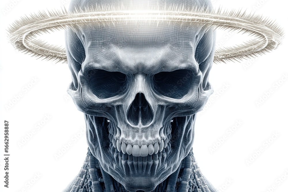 Poster intricate digital rendering of a futuristic skull embodying the tension between life and artificiali