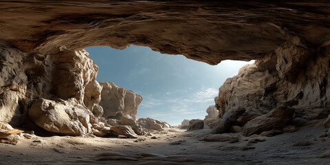 Scenic cave opening overlooking rocky desert landscape with blue sky and scattered clouds, natural formation and wilderness view
