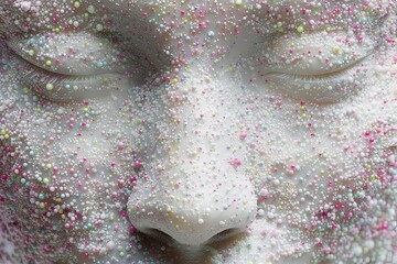 Close-up of a uniquely textured facial surface adorned with colorful, spherical elements creating an engaging and abstract aesthetic approach to beauty and modern artistry