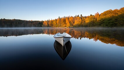 Serene autumn morning canoe on a misty lake reflecting golden forest and clear blue sky