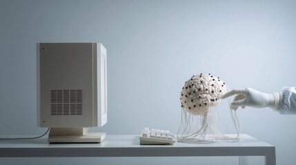 Artificial brain model with electrodes connected to a vintage computer, symbolizing neuroscience, AI, and human-computer interaction
