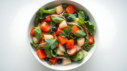 A fresh vegetable salad in a white bowl, garnished with herbs and captured from a top-down view.