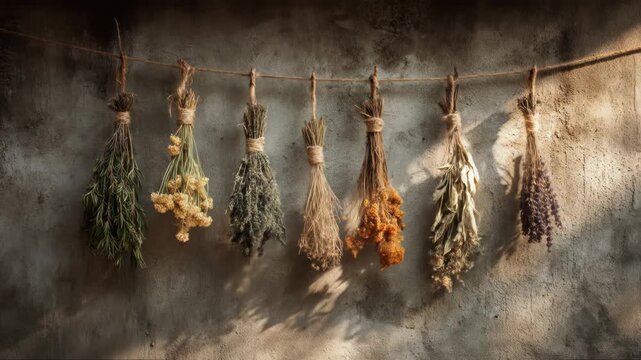 A row of dried herbs and flowers hangs from a string against a textured wall, lit by sunlight creating shadows