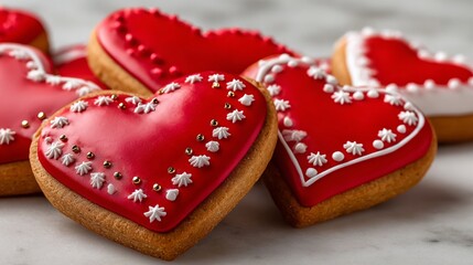 Heart-Shaped Cookies for Valentine Day Celebration, Heart-Shaped Cookies in Red for Valentine Day, Beautifully Decorated Valentine Heart Cookies Red Heart Cookies for Valentine Celebration