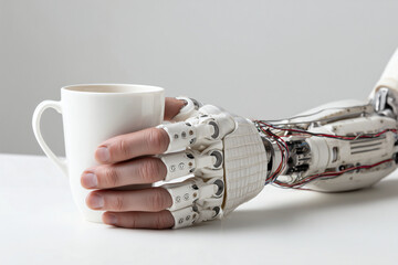Robotic prosthetic hand with human-like fingers holding a white coffee mug, showcasing advanced bionics and human-technology integration