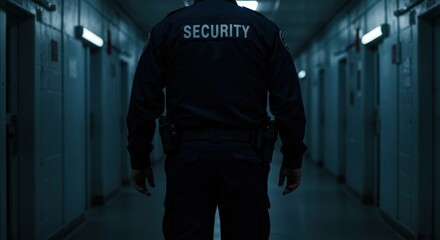 Security officer in dark uniform patrolling quiet, blue-tinged institutional corridor with metal doors on both sides, creating serious and controlled atmosphere in a detention facility at night