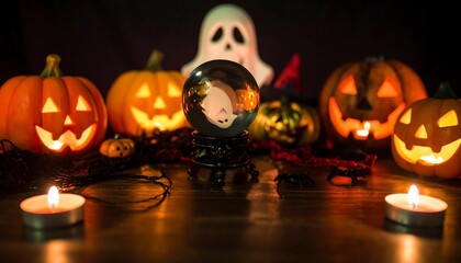 Halloween display with pumpkins and a crystal ball
