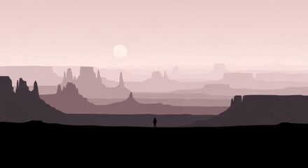 Lone Traveler in a Vast Desert Landscape Under a Pale Sun