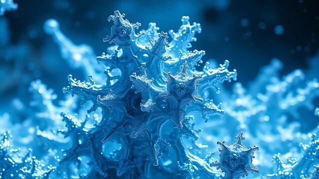 Fototapeta Metallic alloy fractals grow crystalline structures emitting blue energy waves in deep space.