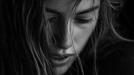 Black and white portrait of a young woman with closed eyes. Wet hair partially covers her face, creating an atmosphere of intimacy and mystery.