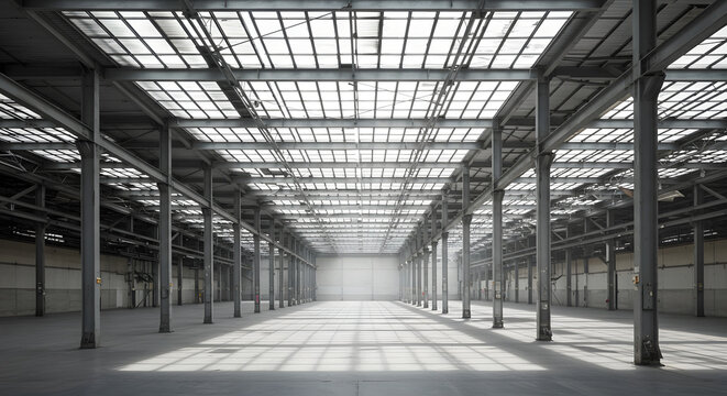 Vast industrial interior featuring a grid ceiling and diffused natural light creating patterns on the concrete floor,