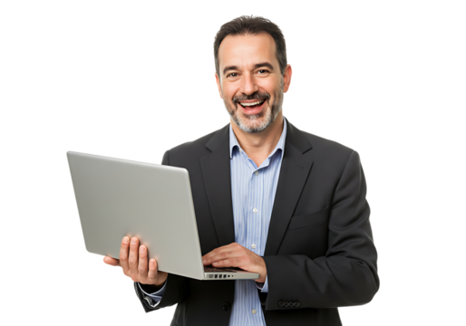 Smiling businessman holding a laptop and looking at the camera isolated on transparent background